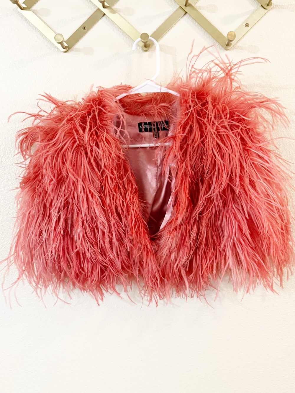 Adrienne Landau Ostrich Feather Coral Pink Button Front Capelet Cover Up Jacket - Picture 5 of 10